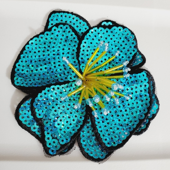 3D hibiscus beaded applique flower sew on iron on patch sequins tropical - Picture 5 of 13